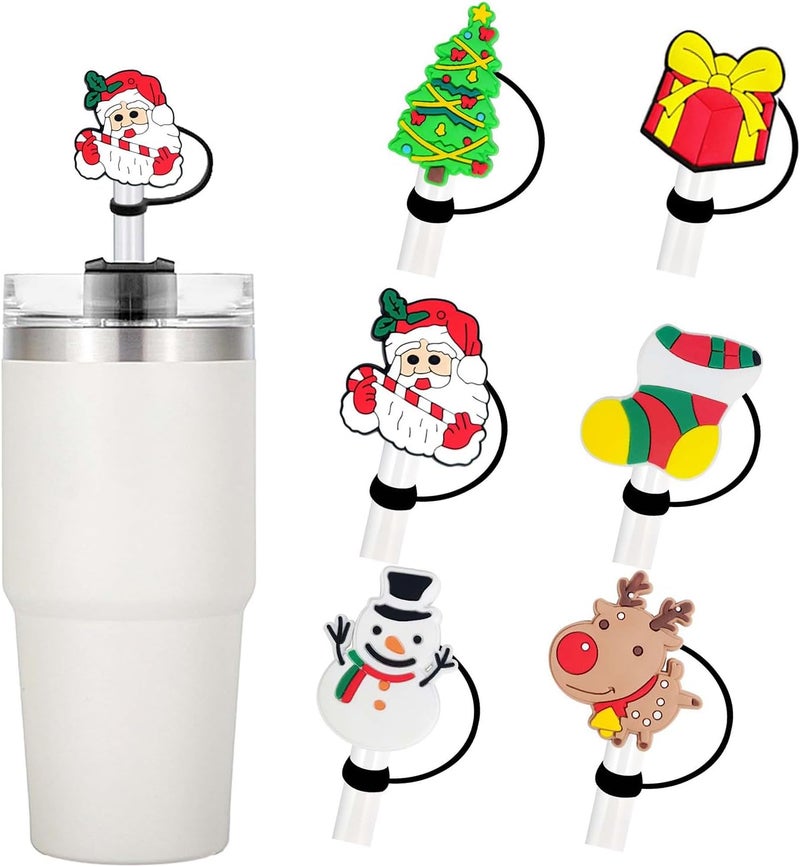 LYLYNB Cute Christmas Straw Covers 6 Pcs - Santa Claus, Elk, Snowman Designs - Reusable Silicone Straw Lids Protectors - Holiday Party Cup Decorations - Image 1